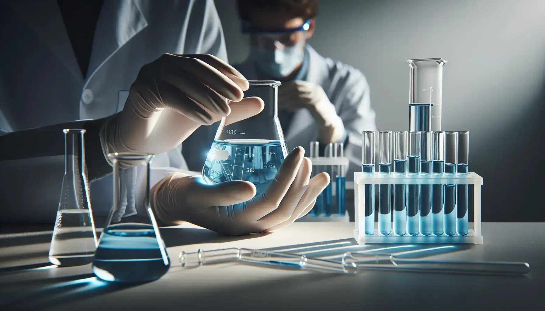 Hands in latex gloves hold a glass flask with transparent blue liquid in the laboratory, with background of scientific equipment and attentive colleague.