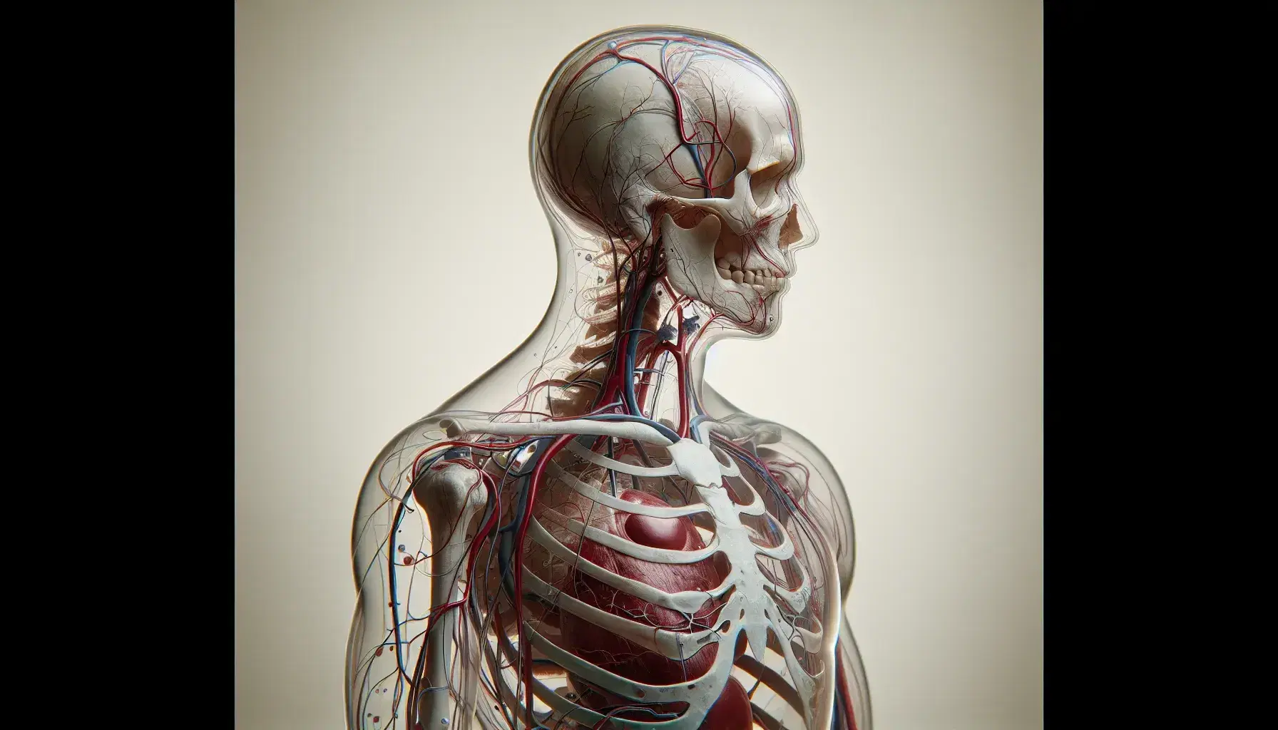 Corpo umano trasparente in profilo laterale con scheletro, muscoli in rosso scuro e sistema circolatorio con arterie rosse e vene blu.