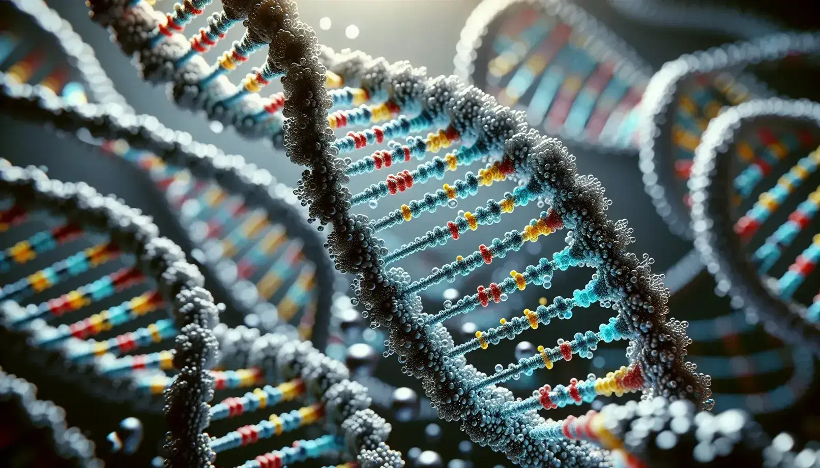 Estructura detallada de una doble hélice de ADN en 3D con pares de bases de colores y cadenas de azúcar-fosfato en espiral sobre fondo desenfocado.