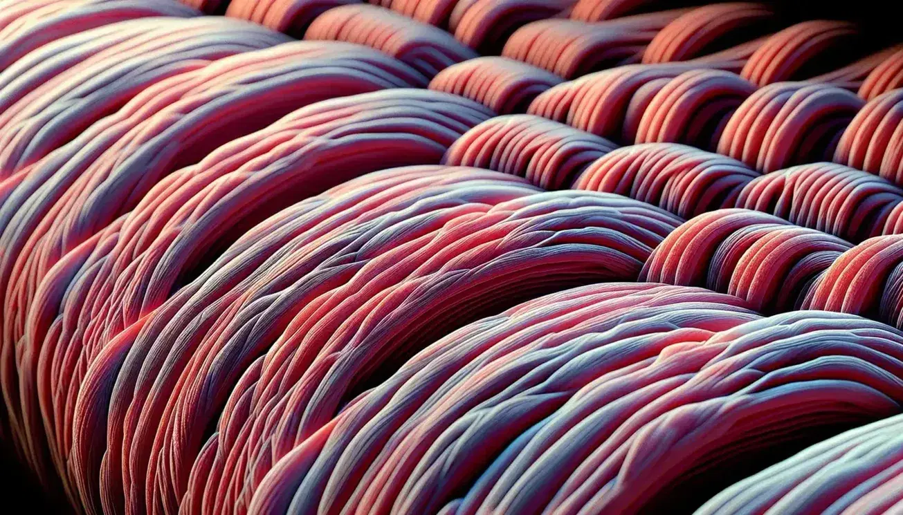 Fibre muscolari striate in dettaglio con bande chiare e scure alternate, circondate da tessuto connettivo leggero.