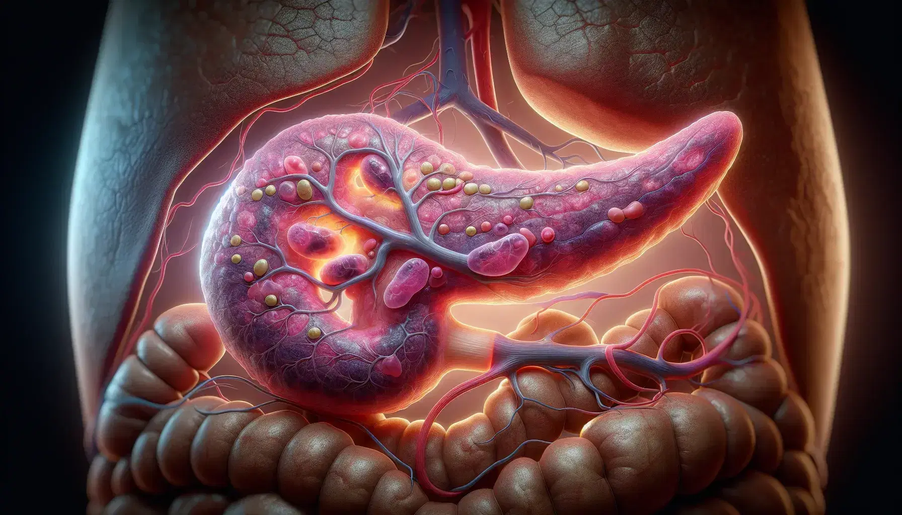 Pancreas humano en posición anatómica con tonalidades rosadas, rodeado de estómago, intestino delgado y bazo conectado por vasos sanguíneos, destacando islotes de Langerhans.