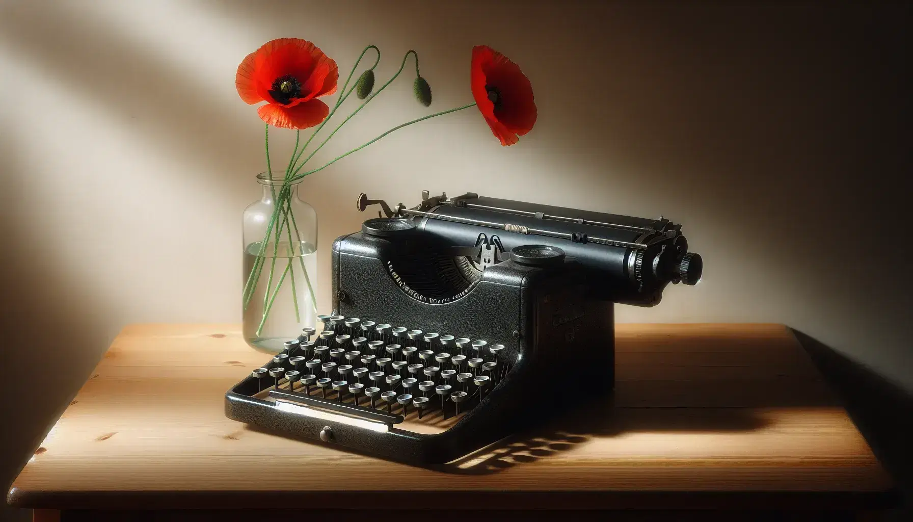 Vintage black typewriter with round keys on a wooden desk, accompanied by a glass vase with a single red poppy, against a soft-focus neutral background.