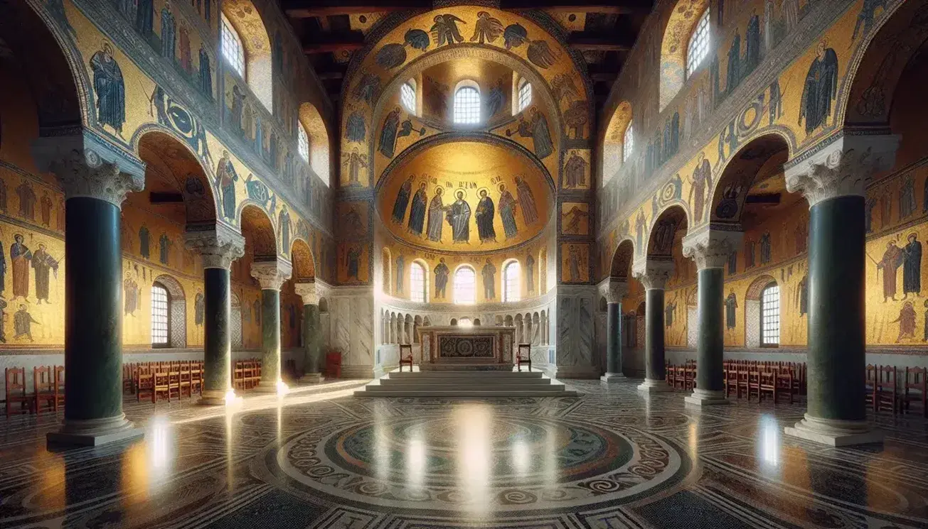 Interno della Basilica di San Vitale a Ravenna con colonne marmoree, mosaici dorati e giochi di luce dalle finestre ad arco.