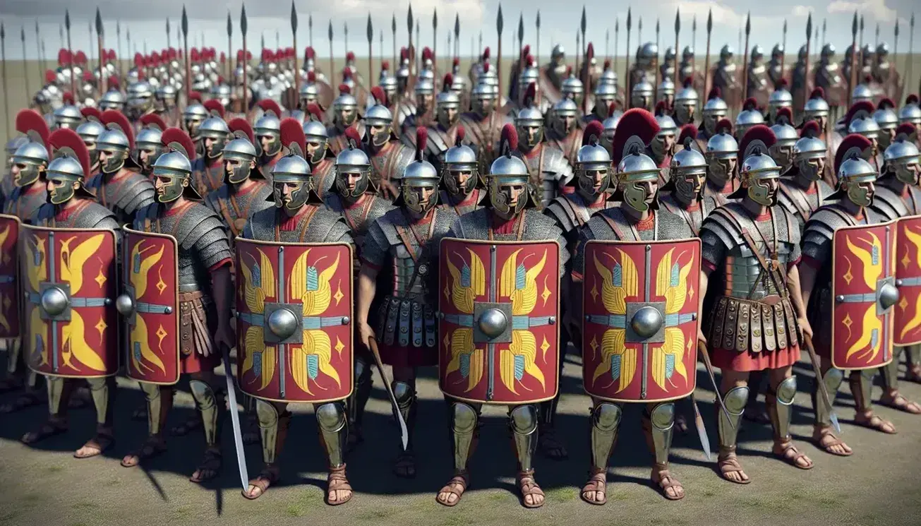 Soldati romani in formazione a testuggine con elmi crestati, corazze argentate, tuniche rosse e scudi colorati in battaglia sotto cielo azzurro.