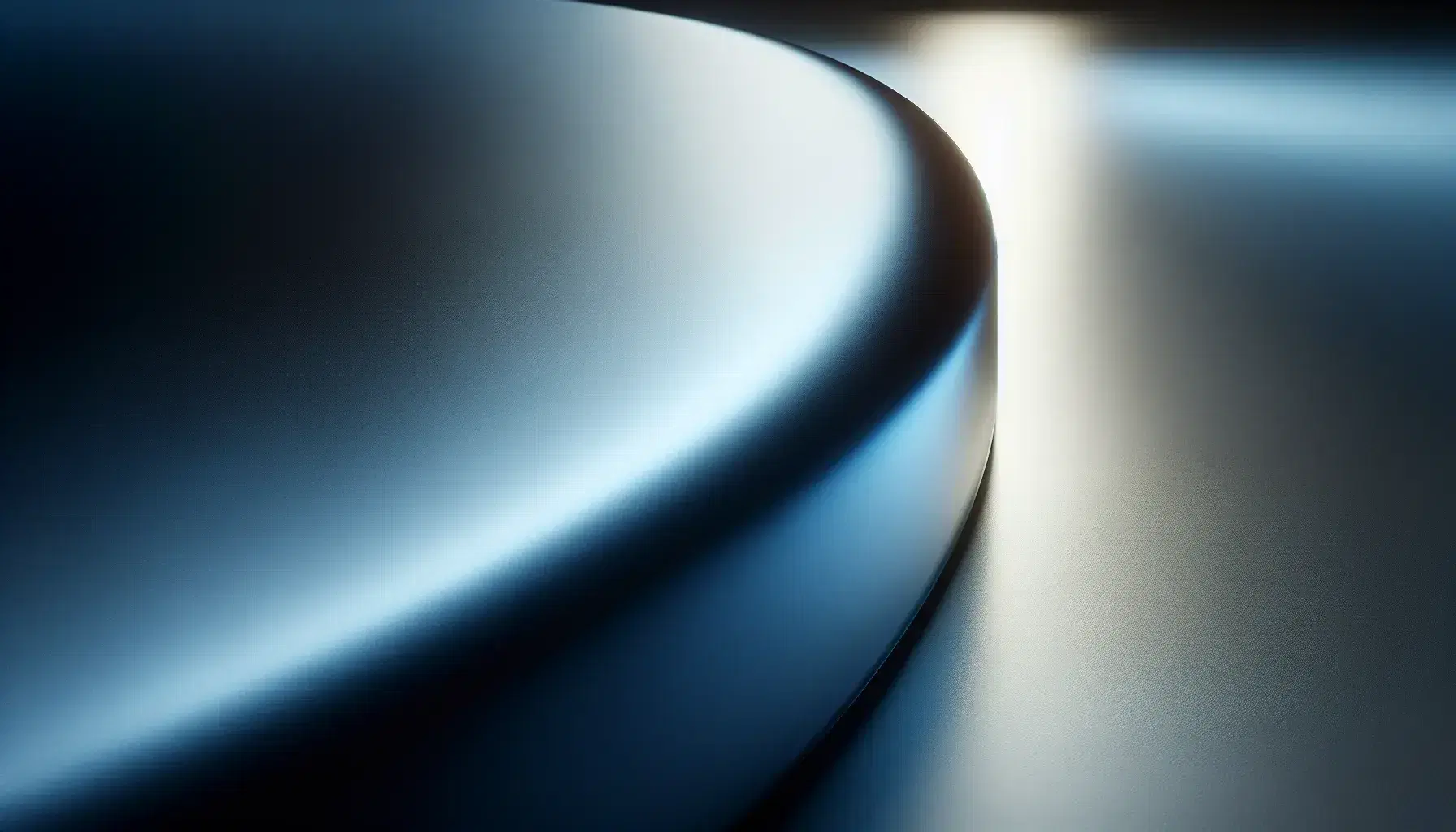 Close-up view of a deep blue glossy curved surface transitioning smoothly into a matte gray flat plane, with soft white light reflections and bokeh background.