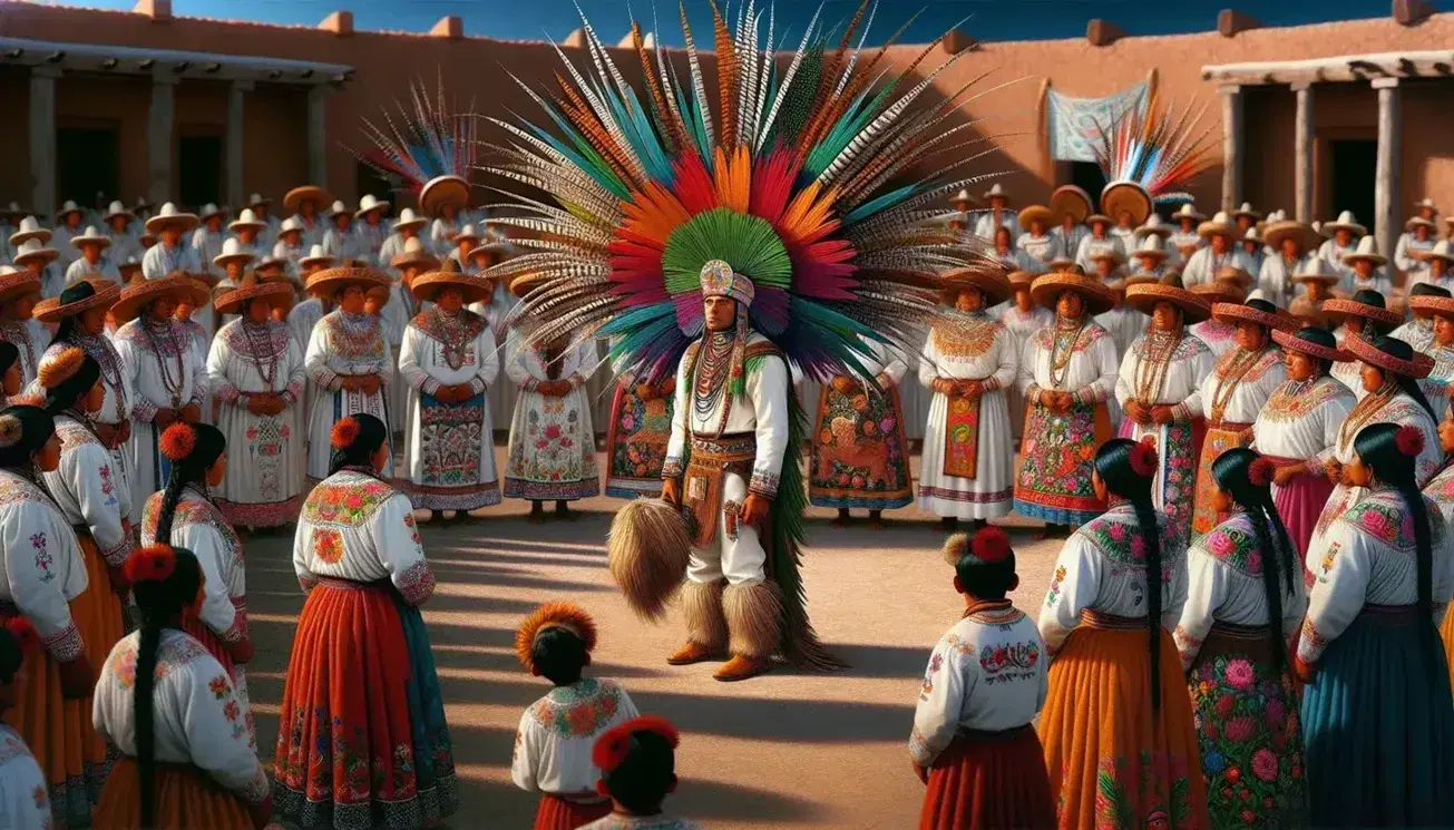 Grupo de indígenas mexicanos en danza ceremonial con trajes tradicionales, tocados de plumas y bordados coloridos, al aire libre bajo cielo azul.