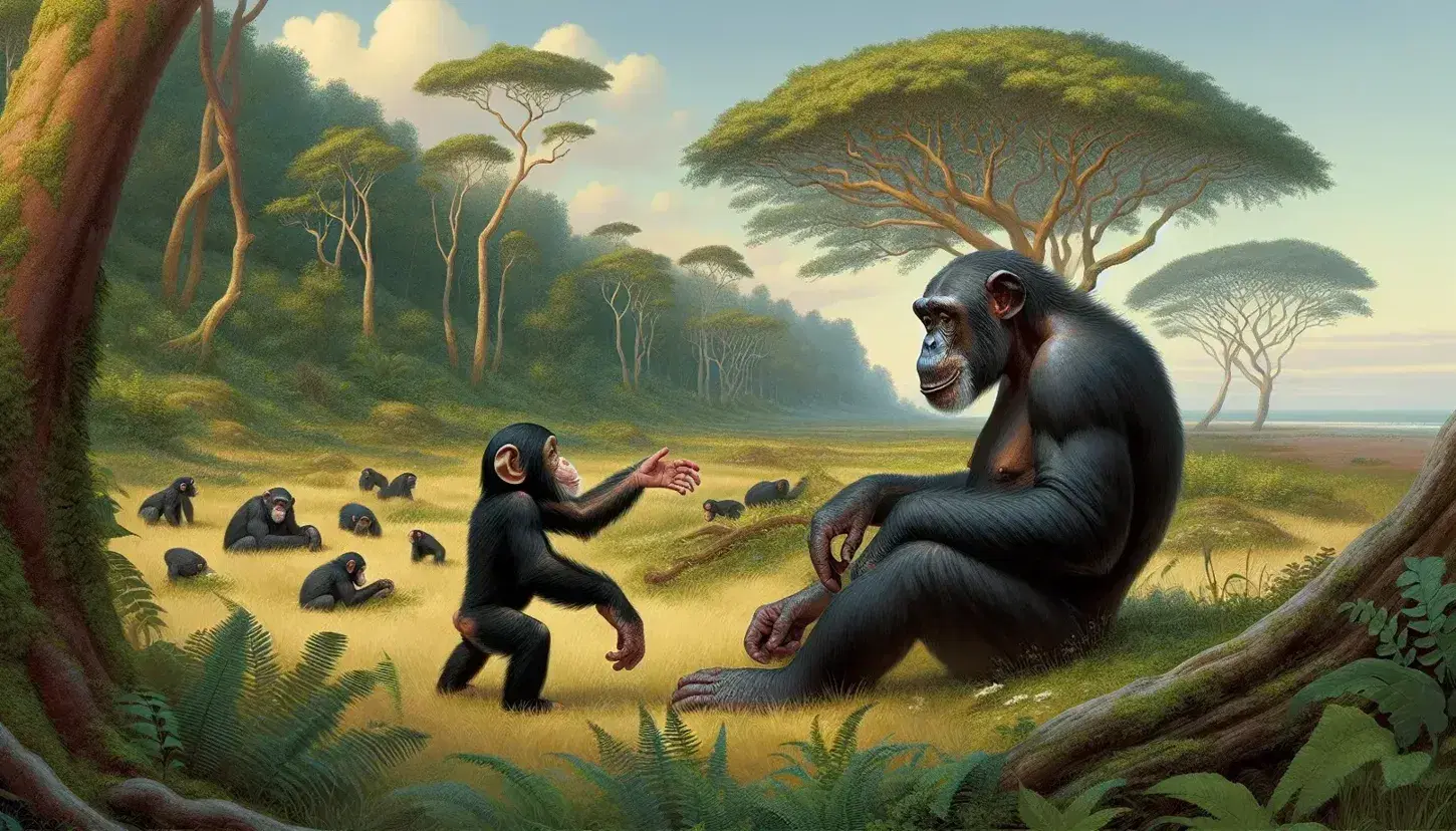 Adult chimpanzees and cub on green grass surrounded by trees, playing under blue sky with clouds, in a natural and serene environment.