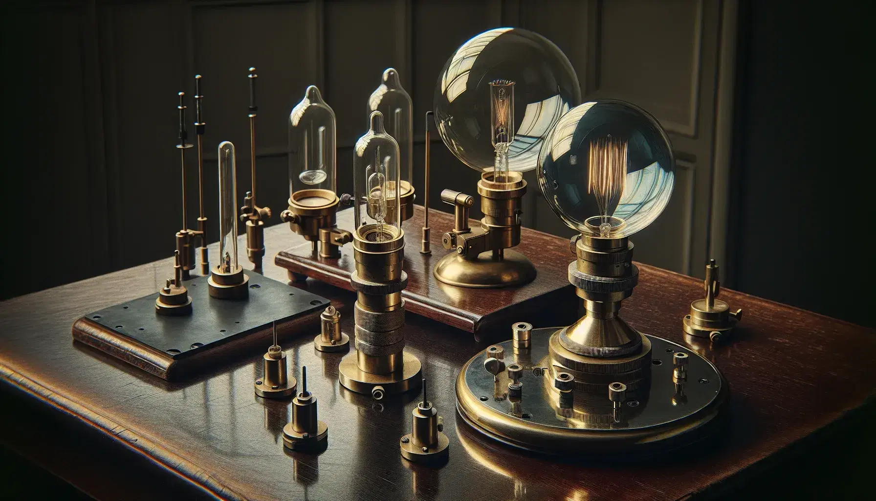 Vintage laboratory with polished wooden table holding a brass photomultiplier, early incandescent bulb, optical lenses, and a blackened metal plate, near a sunlit window.