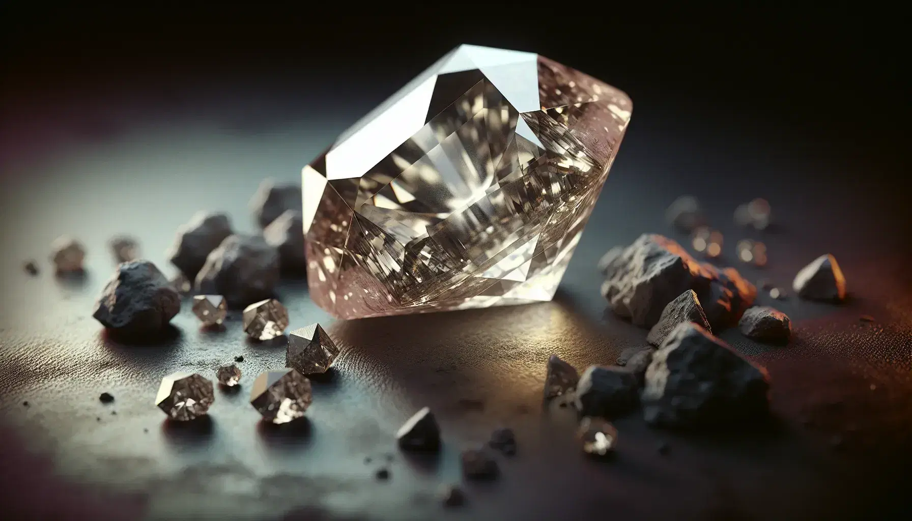 Natural rough diamond in octahedral shape on dark surface with pieces of kimberlite rock, soft light highlighting the facets.