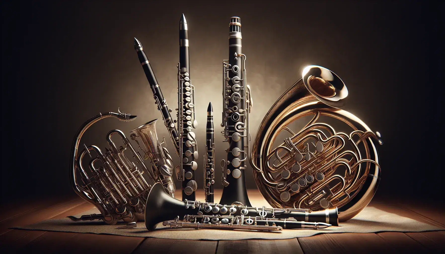 Strumenti a fiato assortiti su sfondo scuro, inclusi flauto, oboe, clarinetto, fagotto, sassofono, tromba, trombone, corno e tuba.