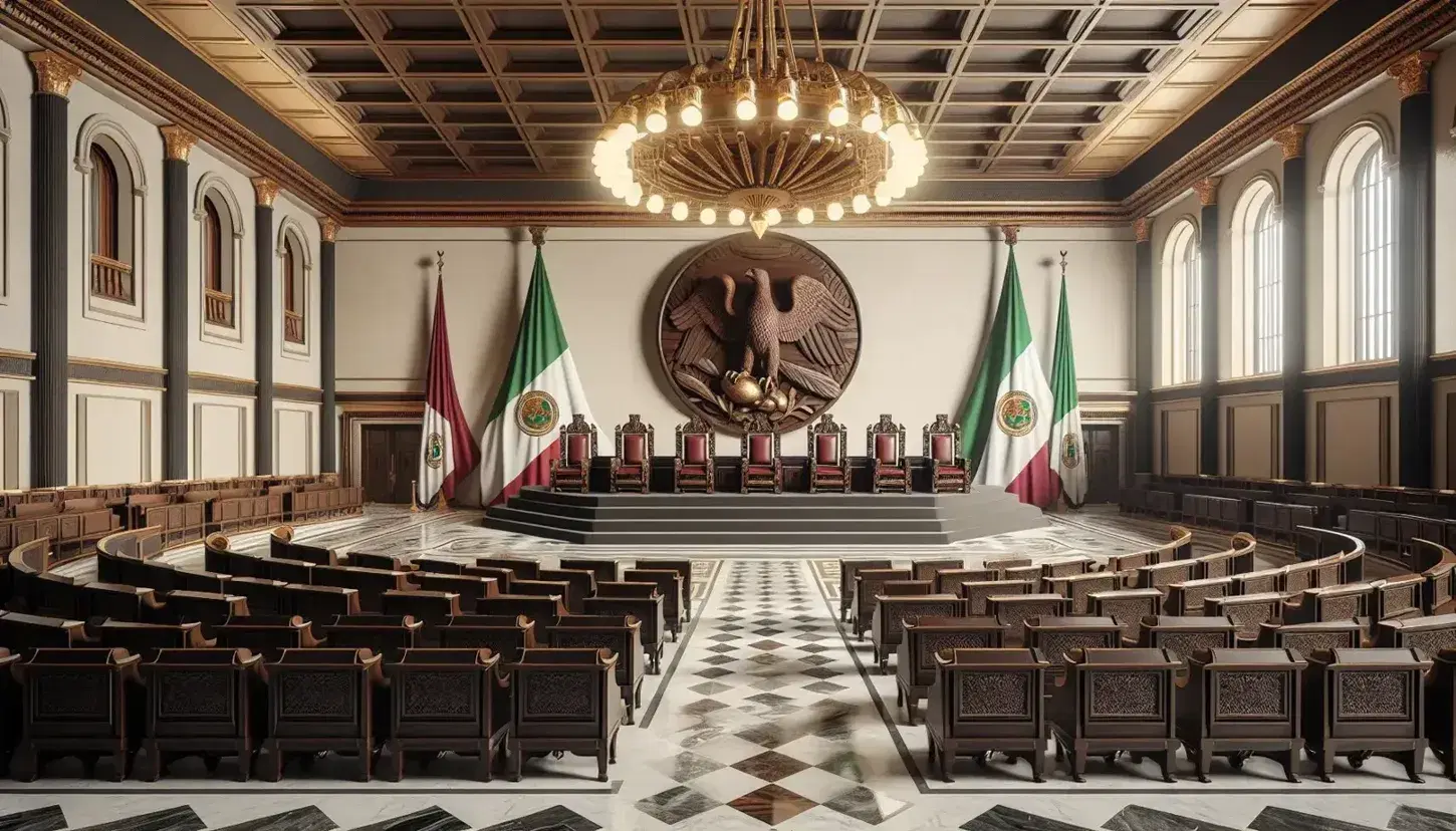 Sala solemne con sillas de madera oscura y tapizado rojo en podio, emblema nacional de águila en cactus, bancas de madera, suelo de mármol ajedrezado y candelabro en techo, flanqueada por banderas de México.