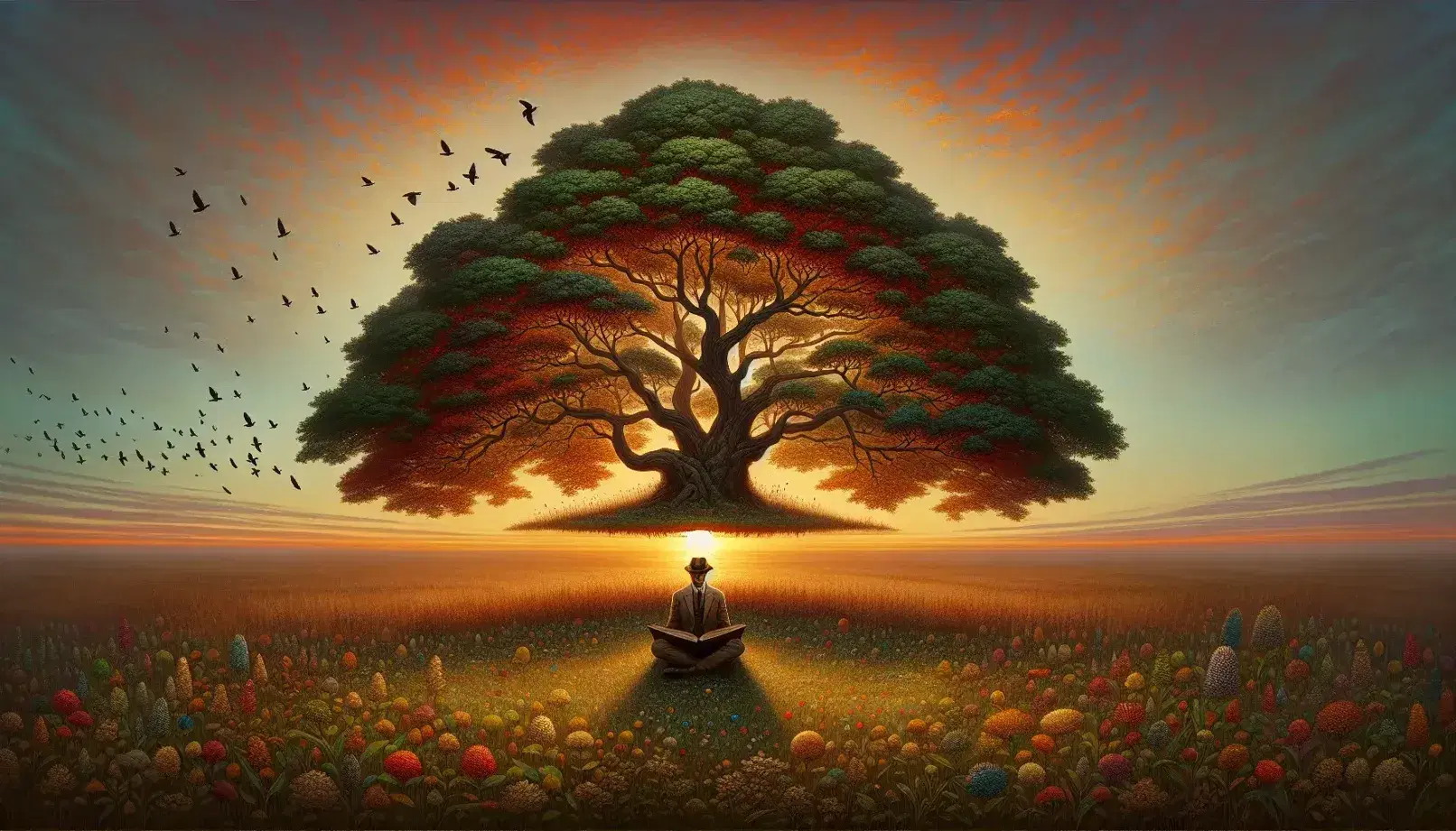 Paesaggio naturale al tramonto con albero solitario dalle foglie autunnali, figura umana che legge seduta sull'erba e uccelli in volo su cielo sfumato.