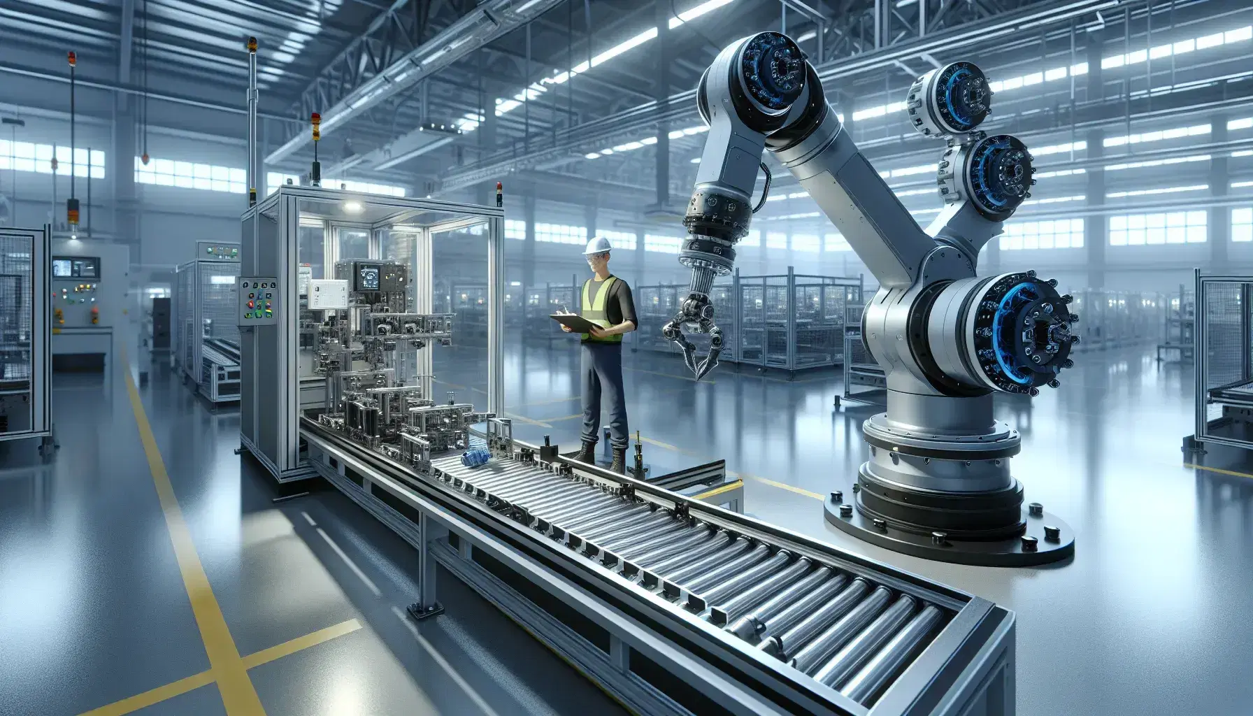 Robotic arm assembling components on a factory floor with an attentive worker monitoring from a control panel, under bright industrial lighting.