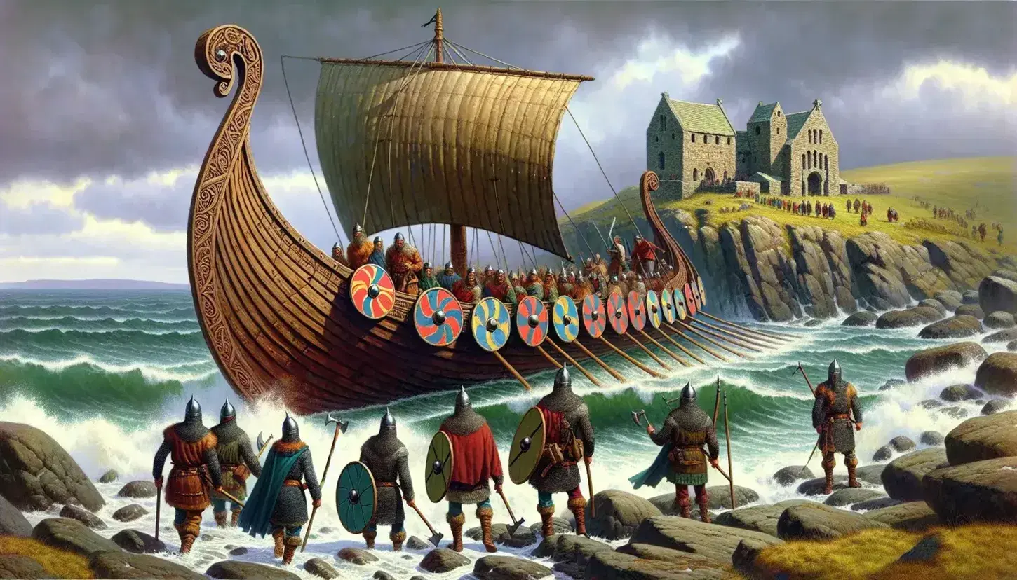 Viking warriors disembark from a shield-lined longship onto a rocky shore, eyeing a distant monastery, under a brooding overcast sky.