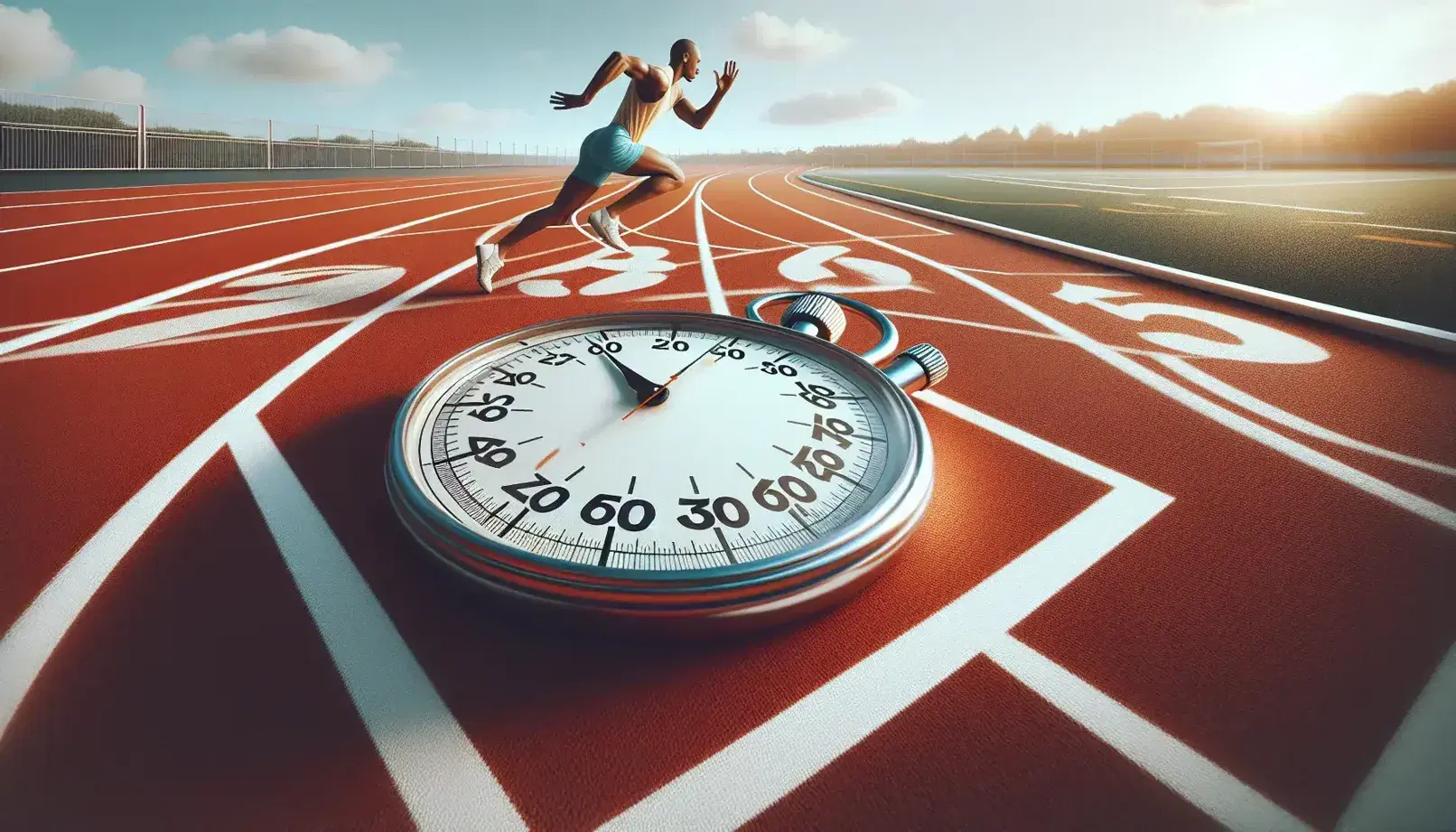 Atleta in corsa su pista di atletica rossa con cronometro analogico, cielo azzurro con nuvole sparse e texture tartan visibile.