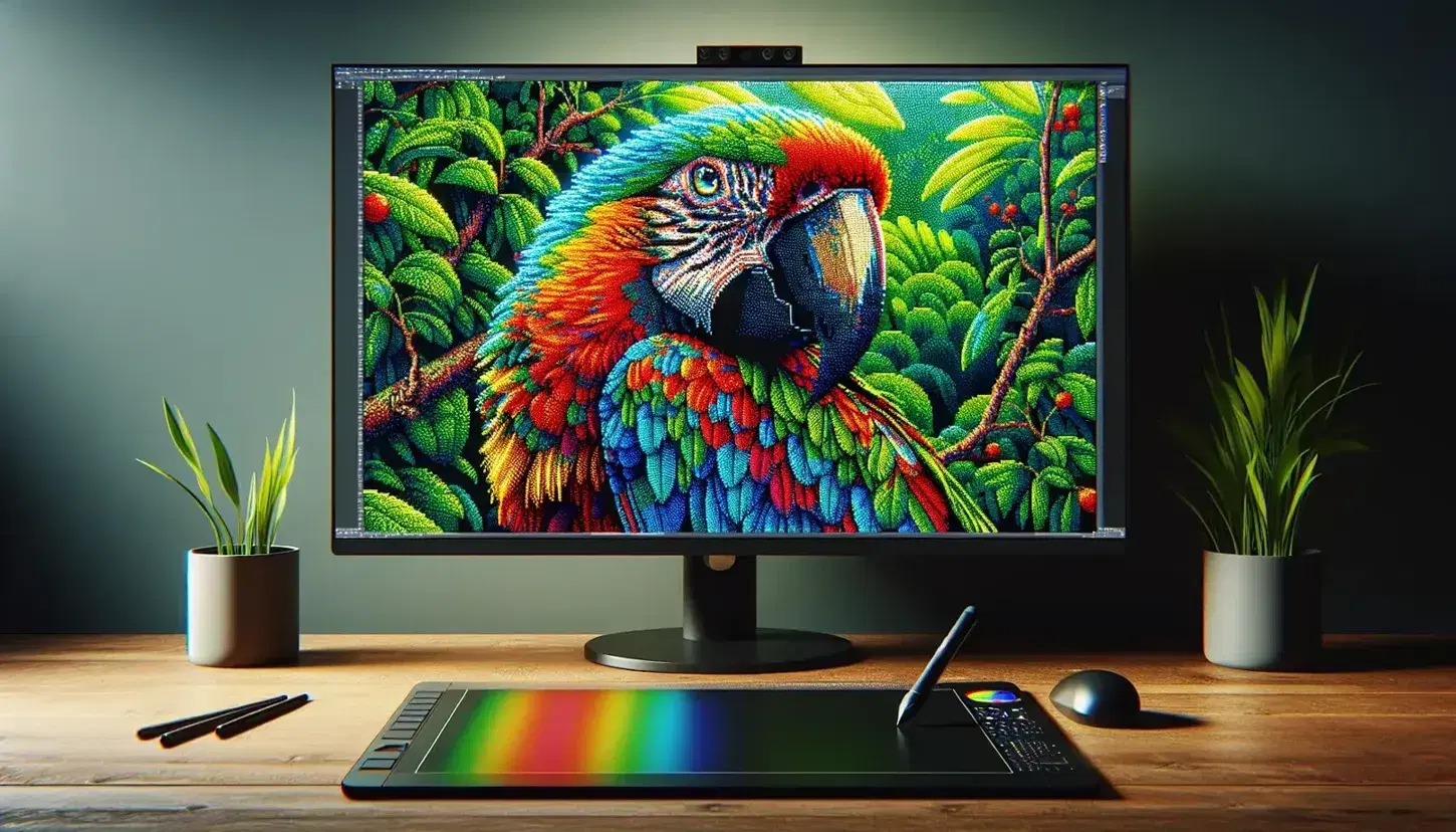 Colorful bitmap graphic of a parrot on a branch displayed on modern monitor, with graphics tablet and color wheel on the table.