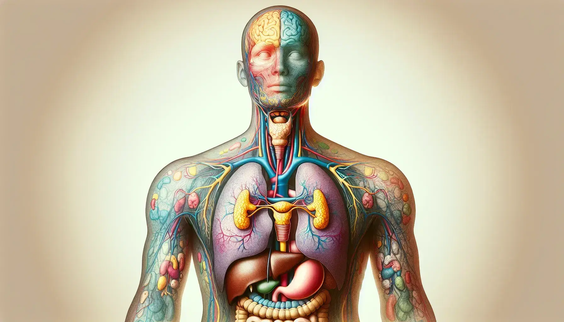Rappresentazione anatomica colorata del sistema endocrino umano con ghiandole evidenziate in posizioni corrette su figura trasparente.