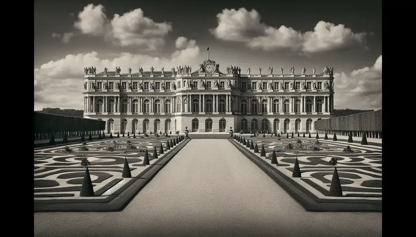 Vista frontale del Palazzo di Versailles con giardini simmetrici, facciata ornata di statue classiche e orologio centrale, in una giornata serena.