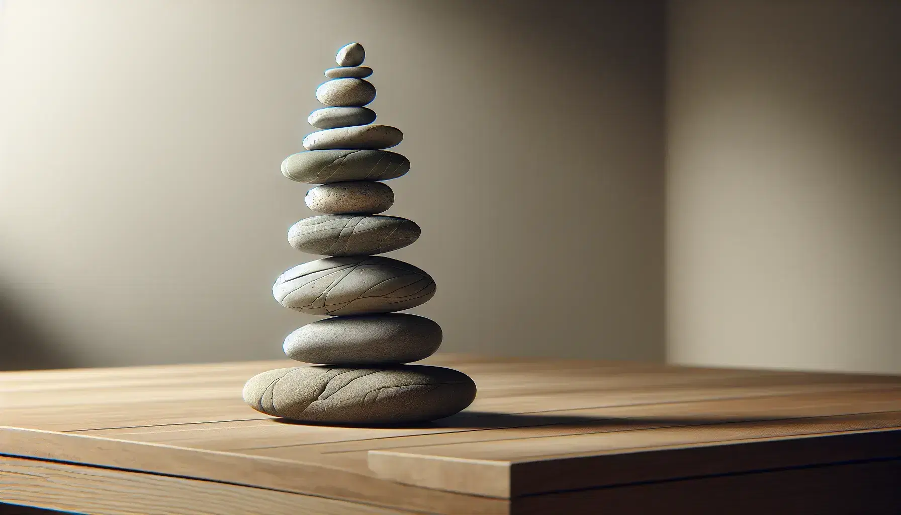 Torre di pietre equilibrate di varie forme e dimensioni su superficie in legno chiaro, con ombre morbide e sfondo neutro sfocato.