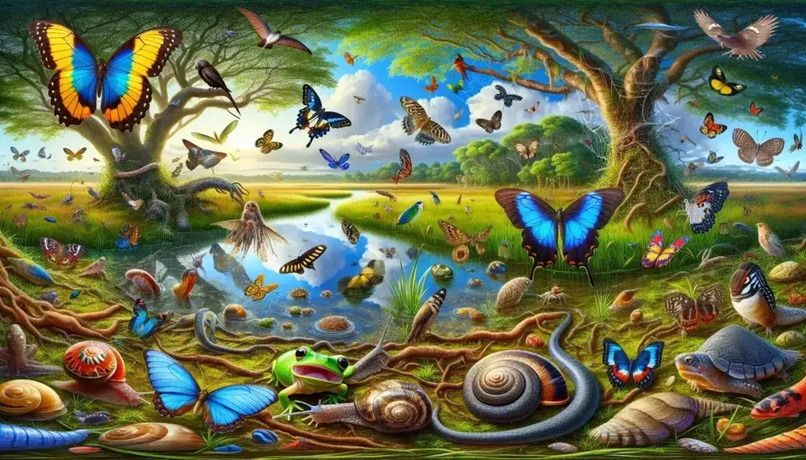 Ecosistema misto con farfalla variopinta, ragno, lumaca, pesce, rana verde, uccelli colorati e scoiattolo su albero.