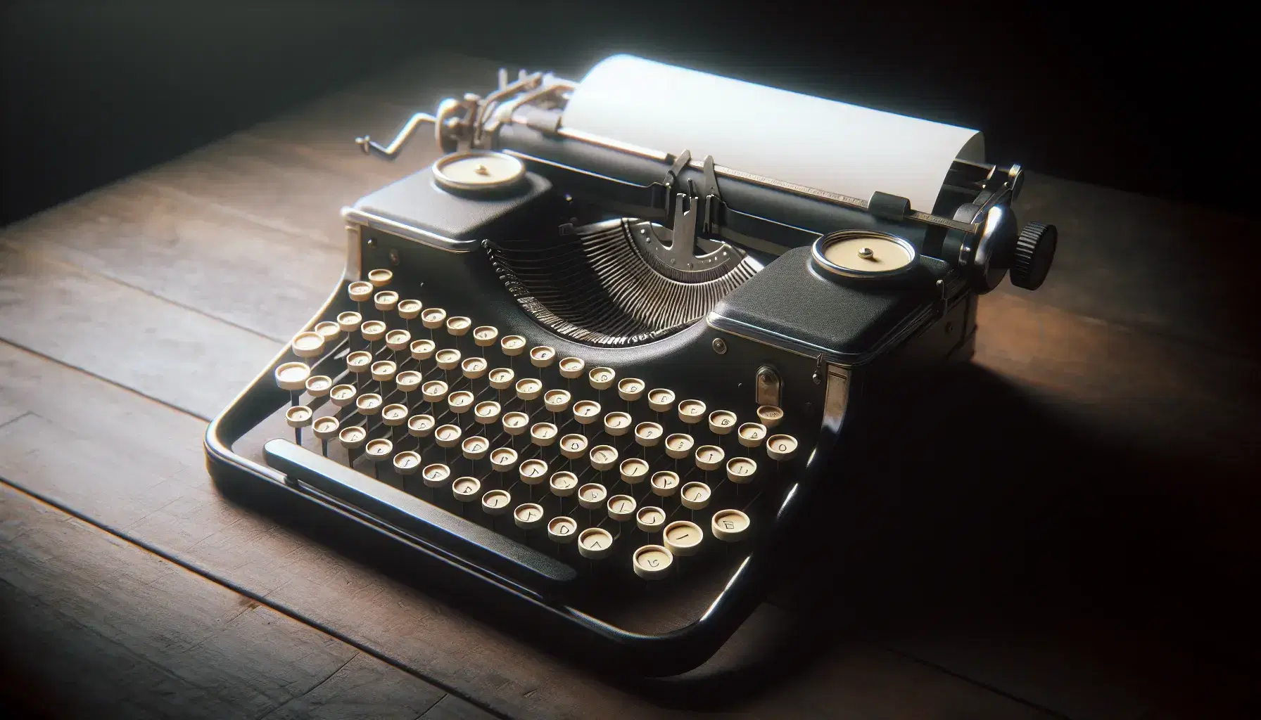 Macchina da scrivere vintage con finitura nera opaca e tasti avorio su tavolo in legno scuro, foglio bianco inserito, illuminazione laterale.