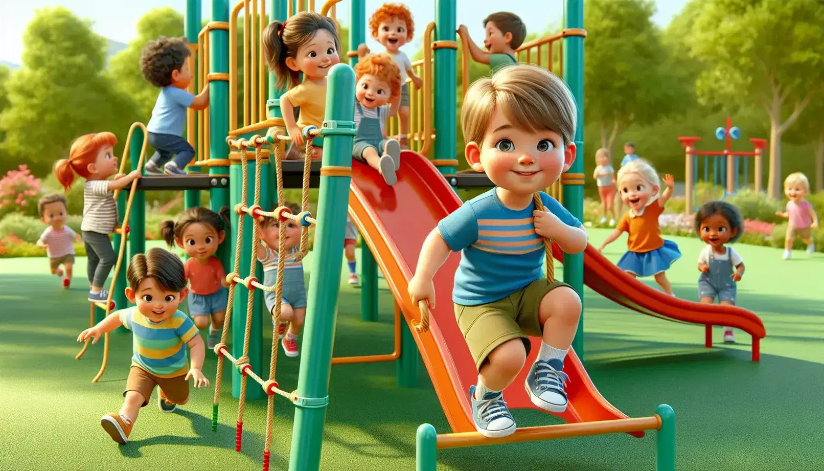Niños jugando en un parque al aire libre con estructuras de juego coloridas, resaltando la alegría y actividad infantil en un día soleado.