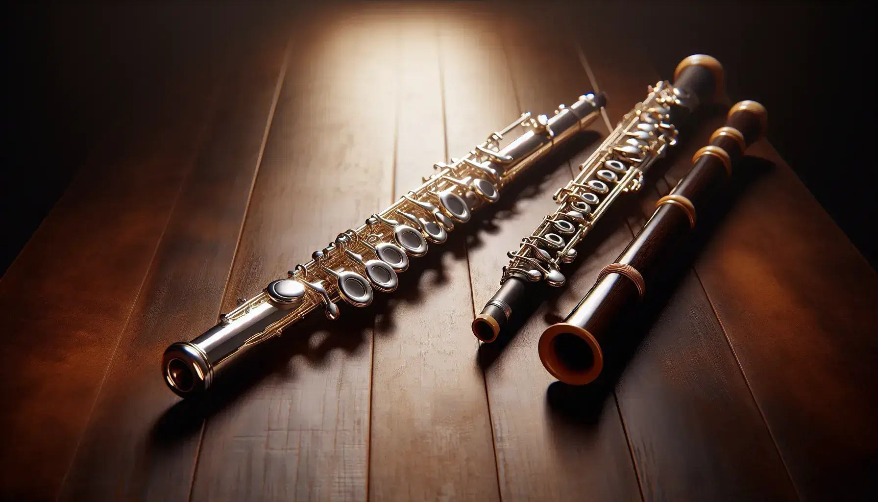 Flauto traverso argentato e oboe in legno scuro con chiavi dorate giacciono paralleli su un tavolo, riflettendo una luce calda.