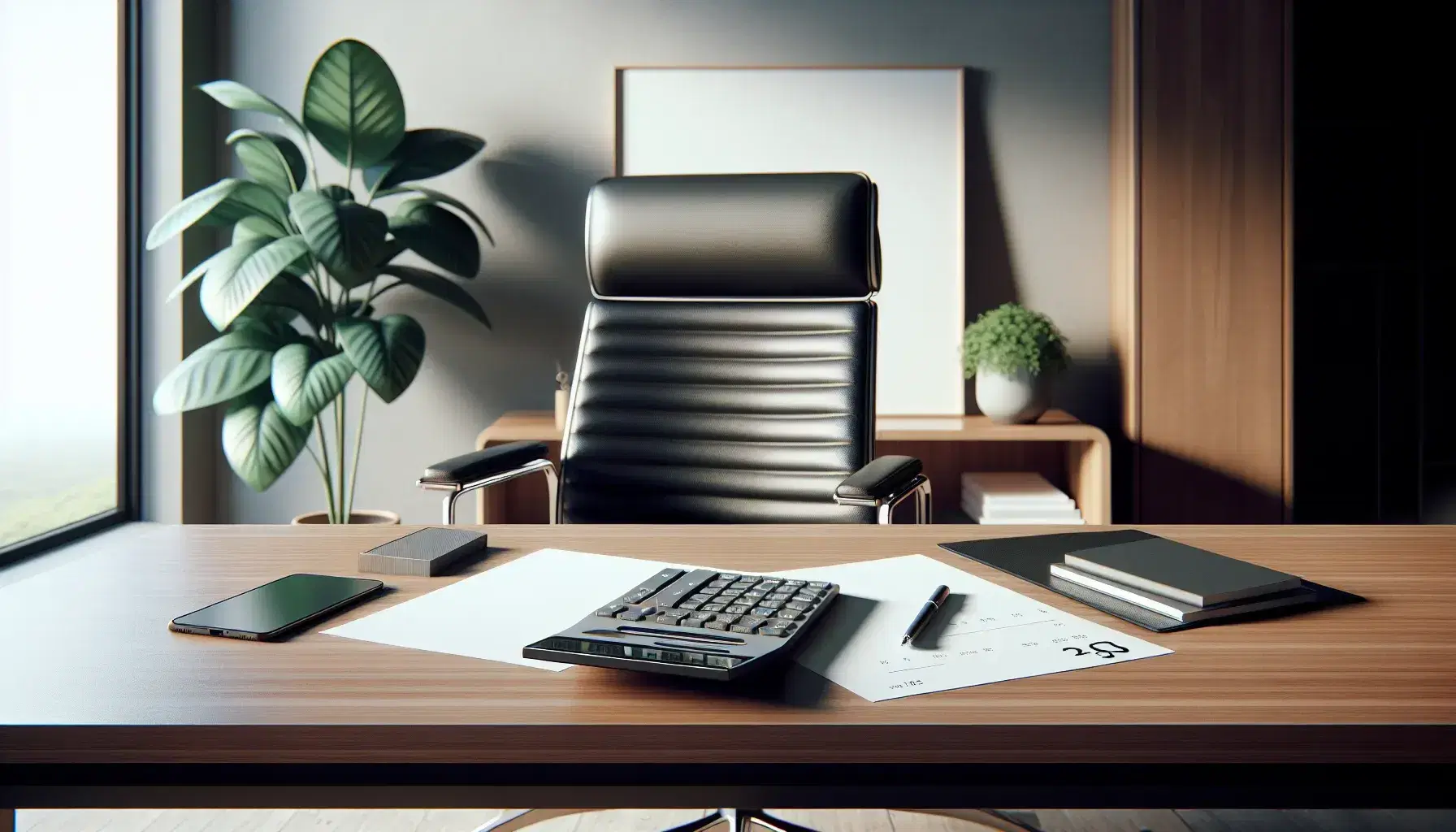 Modern office setup with polished wooden desk, blank calculator, stack of white paper, black leather office chair, and a potted plant in a well-lit room.