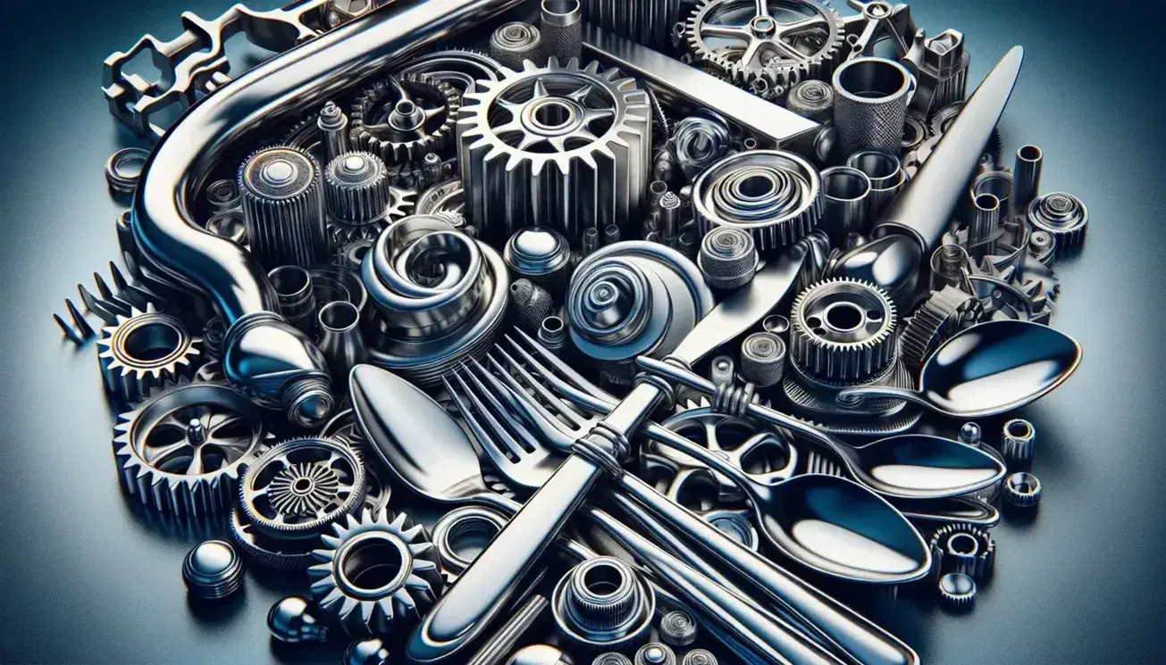 Close-up of metal objects: stainless steel sink, shiny cutlery, gears, aluminum bike frame and brass musical instrument.