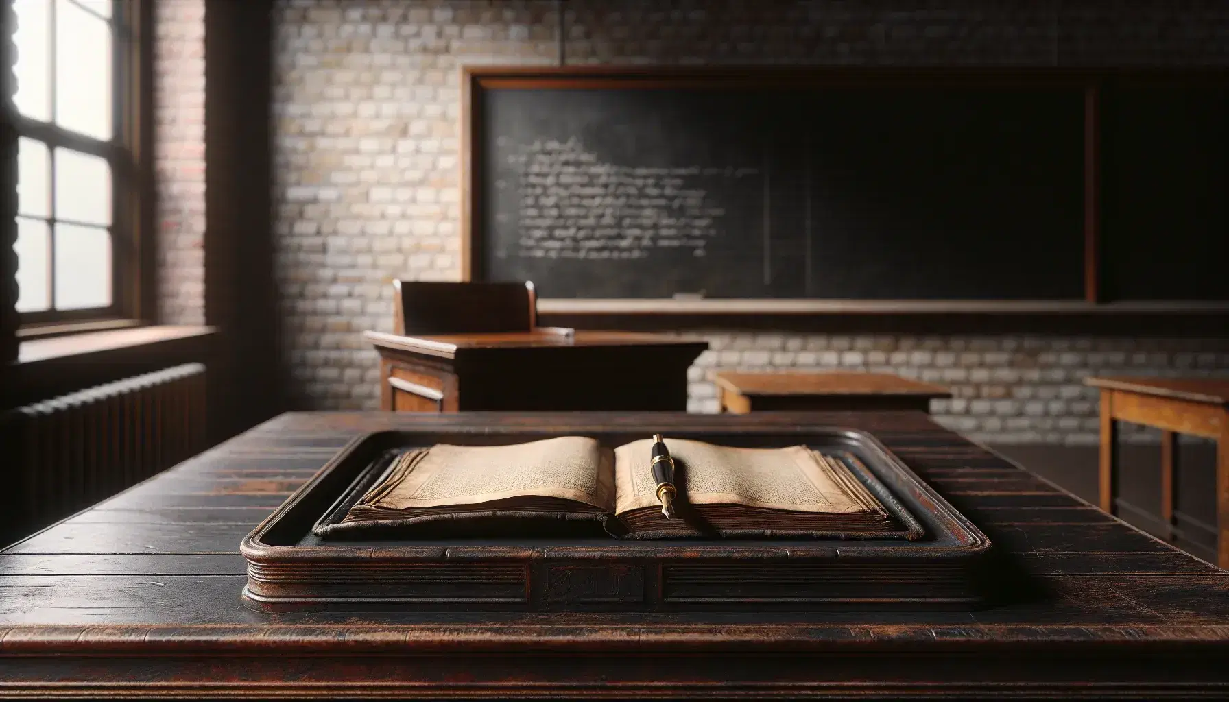 Scena di aula scolastica vintage con scrivania in legno scuro, libro aperto ingiallito, penna stilografica e lavagna nera vuota.