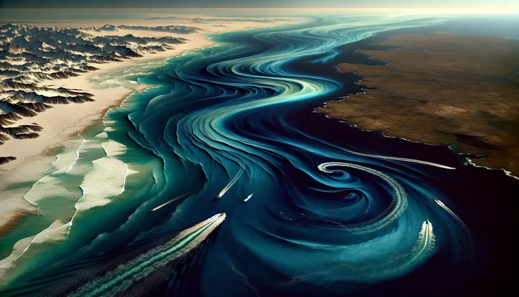 Vista aerea di correnti marine con contrasto di colori blu e verde in un oceano profondo, riflessi di nuvole e costa rocciosa.