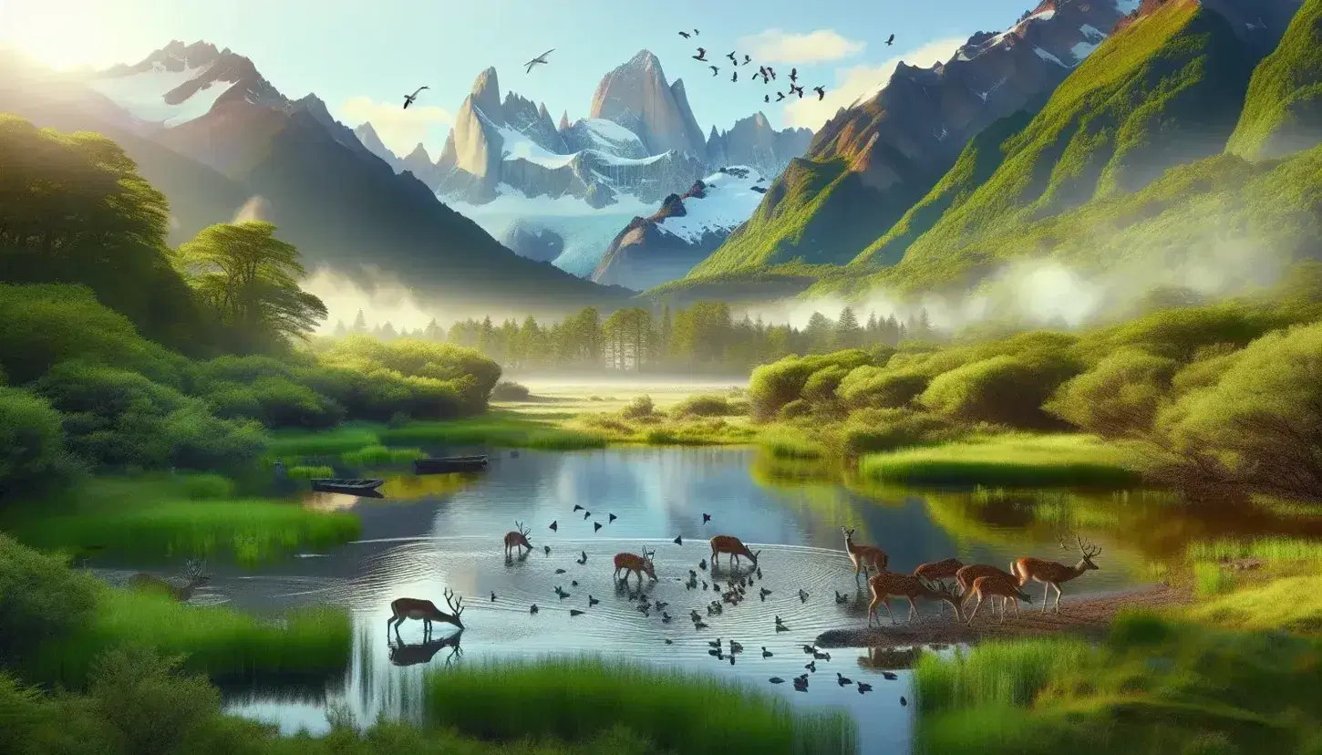 Paesaggio naturale con lago immobile, vegetazione verde, montagne innevate sullo sfondo e fauna selvatica, tra cui cervi e uccelli, che bevono acqua.