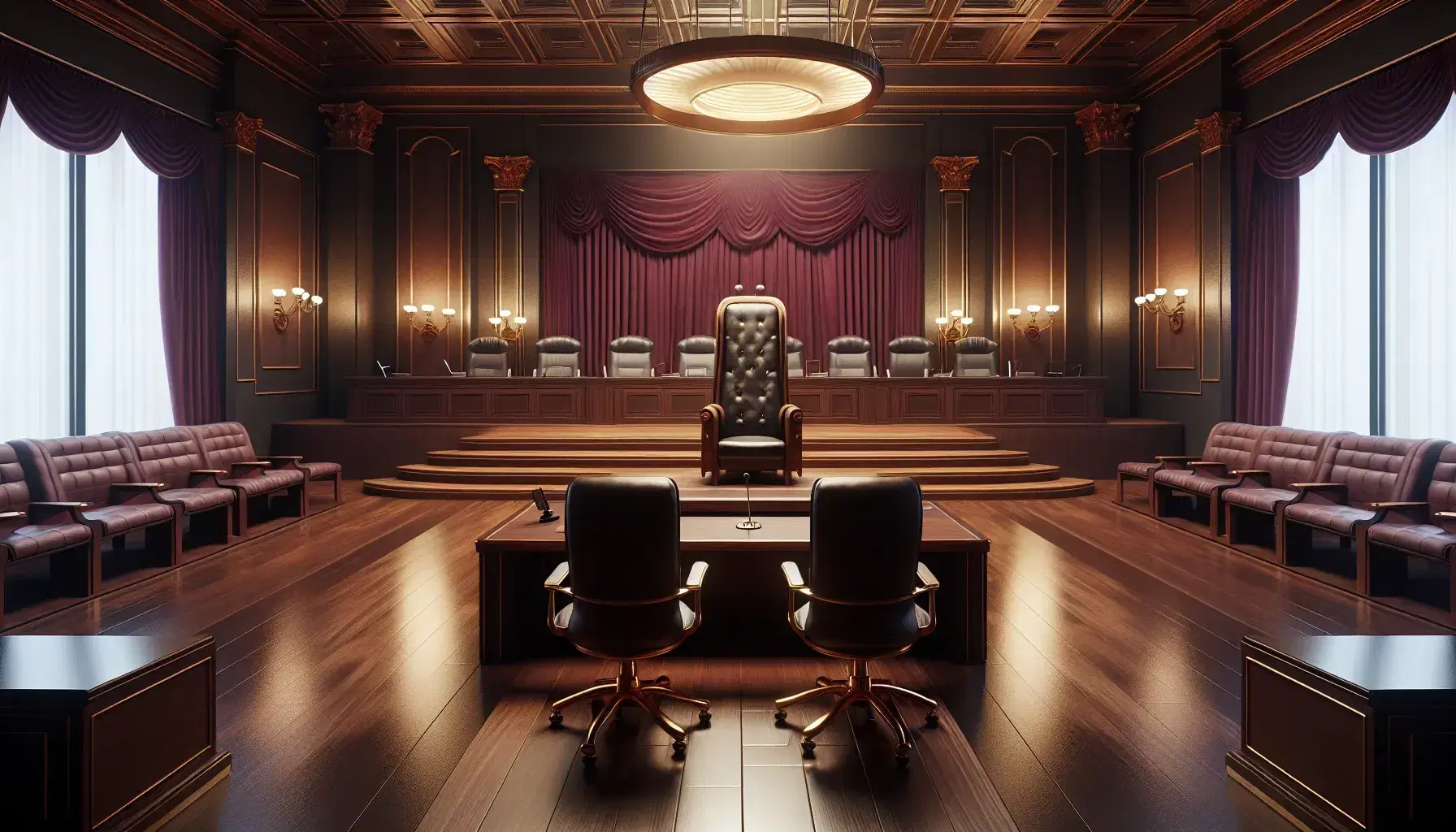 Sala de tribunal vacía con silla elevada del juez, mesas para abogados, podio de testigos, cortinas borgoña y bancos de madera para el público.