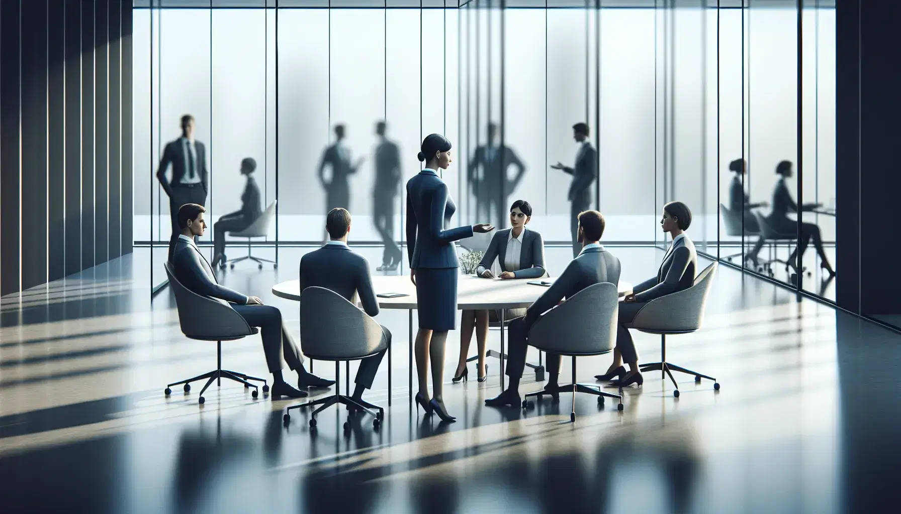 Gruppo di professionisti in abiti formali durante una riunione in un ufficio moderno con arredi eleganti e luce naturale.