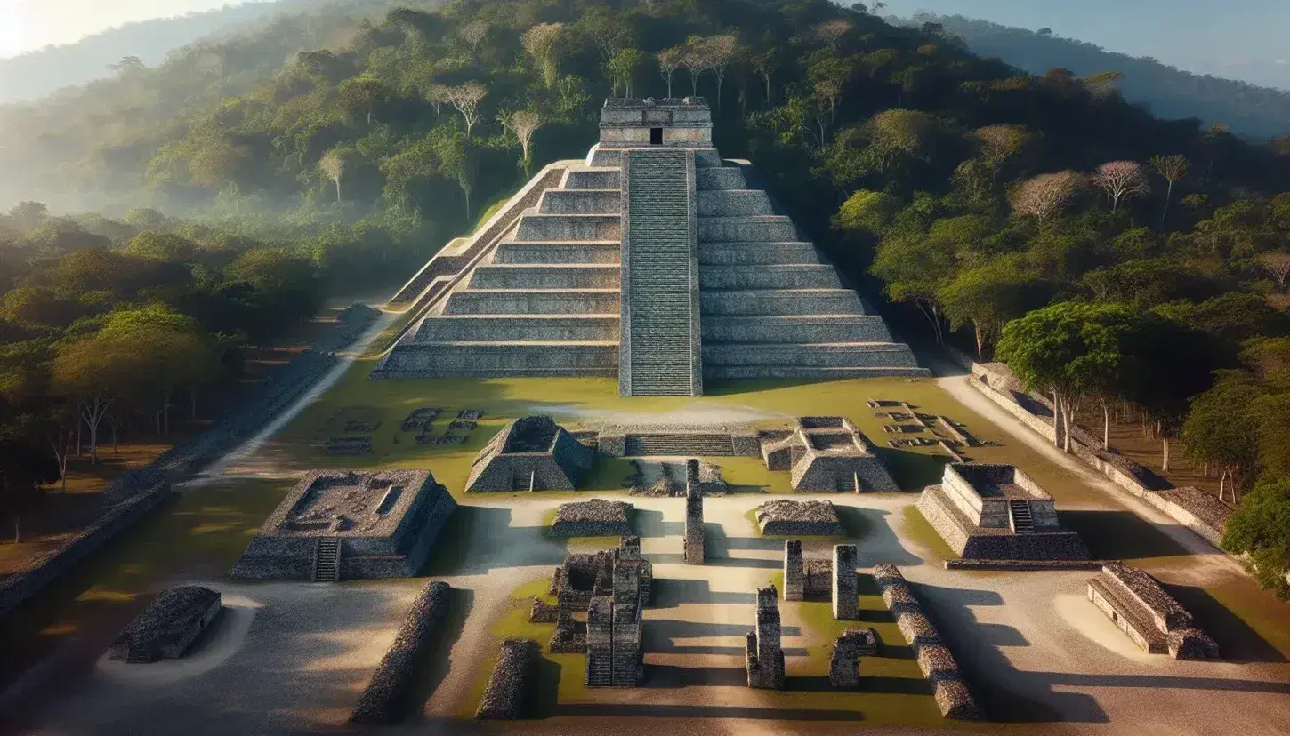 Vista panorámica de las ruinas de una ciudad mesoamericana con pirámide escalonada, plaza y estelas de piedra bajo un cielo azul.