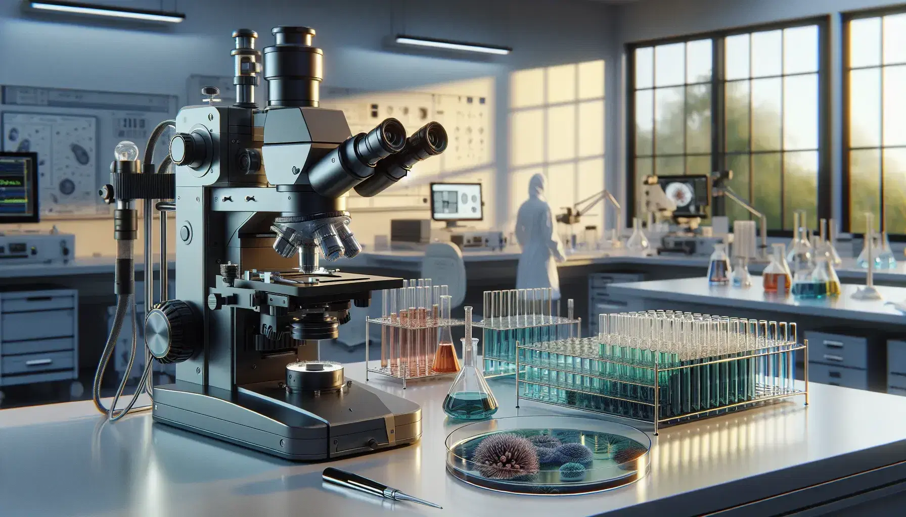 Microscopio elettronico in laboratorio di ricerca biologica con provette colorate e piastra di Petri, braccio di ricercatore in camice bianco.