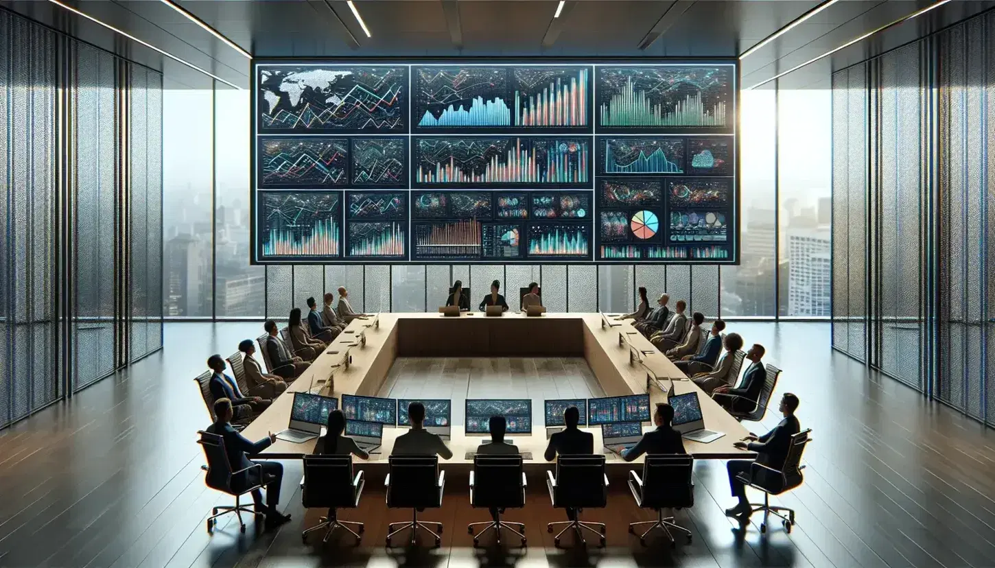Modern office with wooden table, monitor with colorful graphs, laptop, people in business casual clothes collaborating, blurred urban background.
