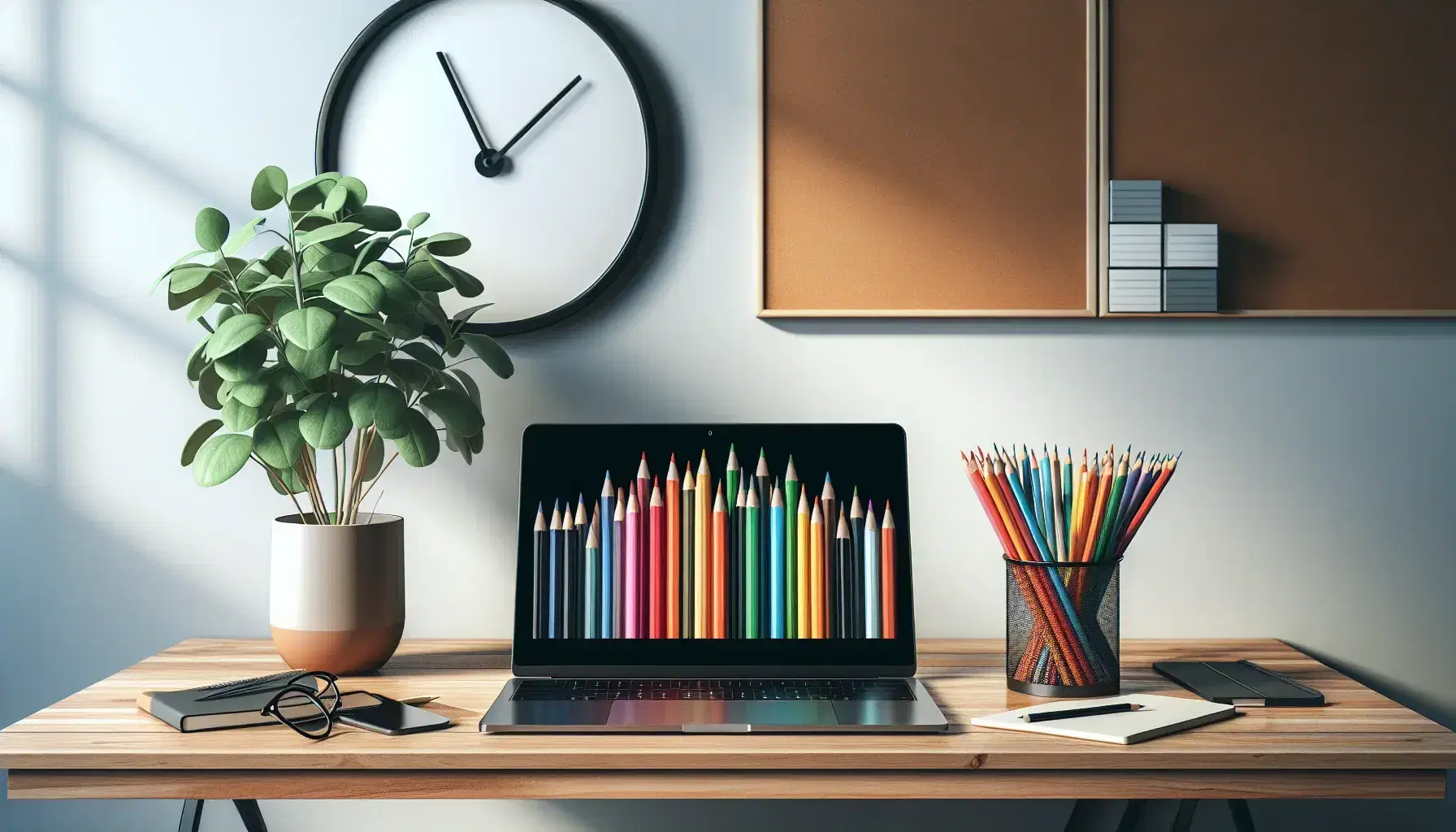 Organized desk with a black laptop, colorful pencils in a glass, a green potted plant, and a numberless wall clock on a wooden surface in a bright room.