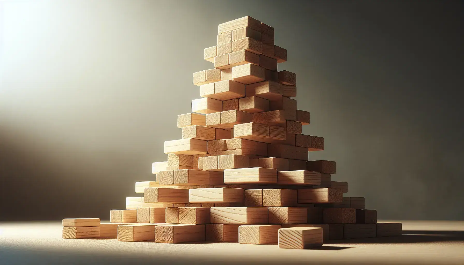 Torre di blocchi di legno impilati in modo alternato per livelli su superficie piana con ombre morbide che ne evidenziano la tridimensionalità.