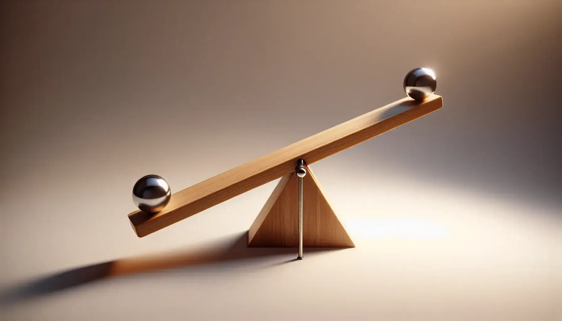 Balanced wooden seesaw on a triangular fulcrum with identical metallic spheres at each end, demonstrating center of mass, against a gradient background.