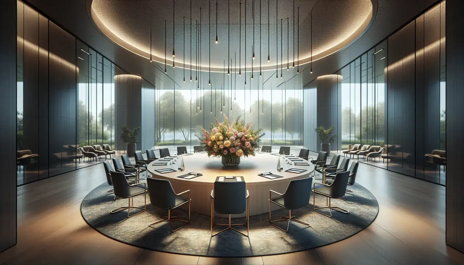 Sala conferenze moderna con tavolo ovale, sedie blu, illuminazione soffusa e bouquet centrale, circondata da pareti vetrate con vista giardino.