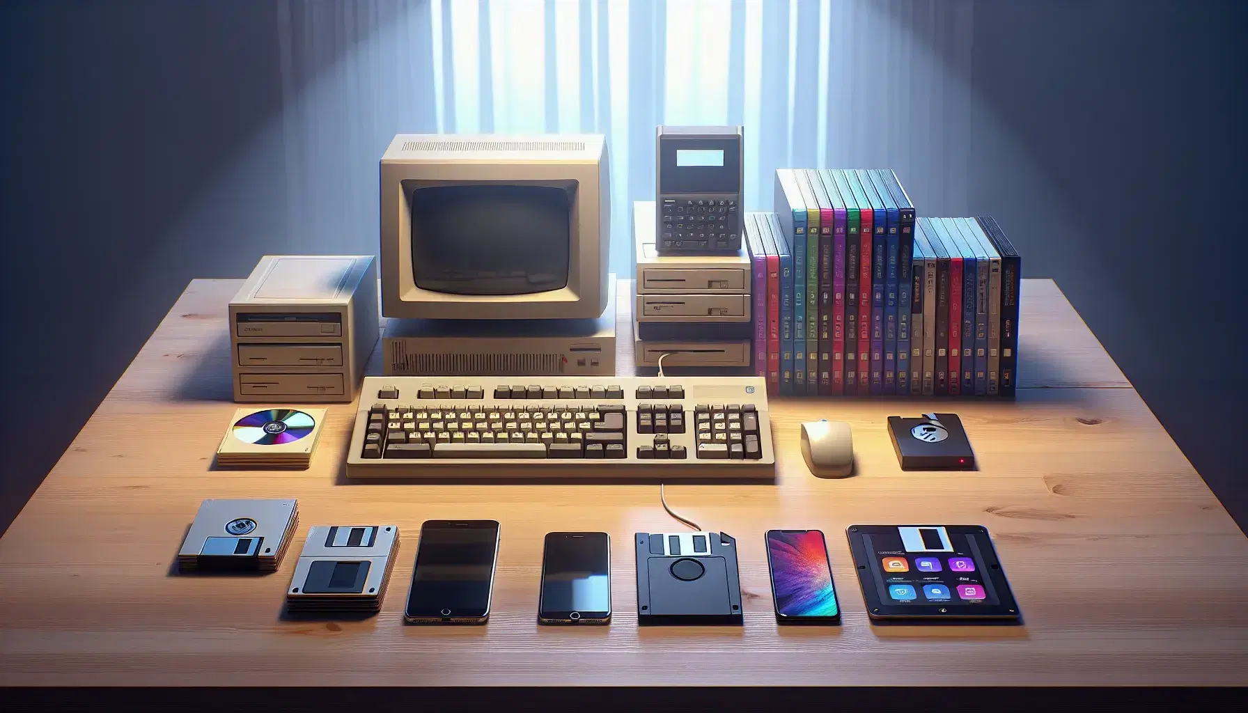 Mesa de madera clara con evolución tecnológica de computadoras, desde un PC antiguo con monitor CRT hasta un portátil moderno, un smartphone y una tablet apagada.