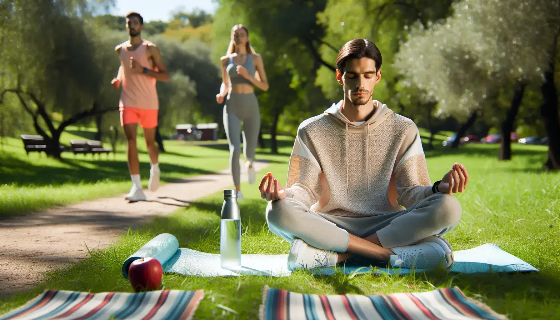 Tres personas disfrutan de actividades saludables en un parque: una meditando en una esterilla azul, otra corriendo por un sendero y la tercera descansando en una toalla a rayas.