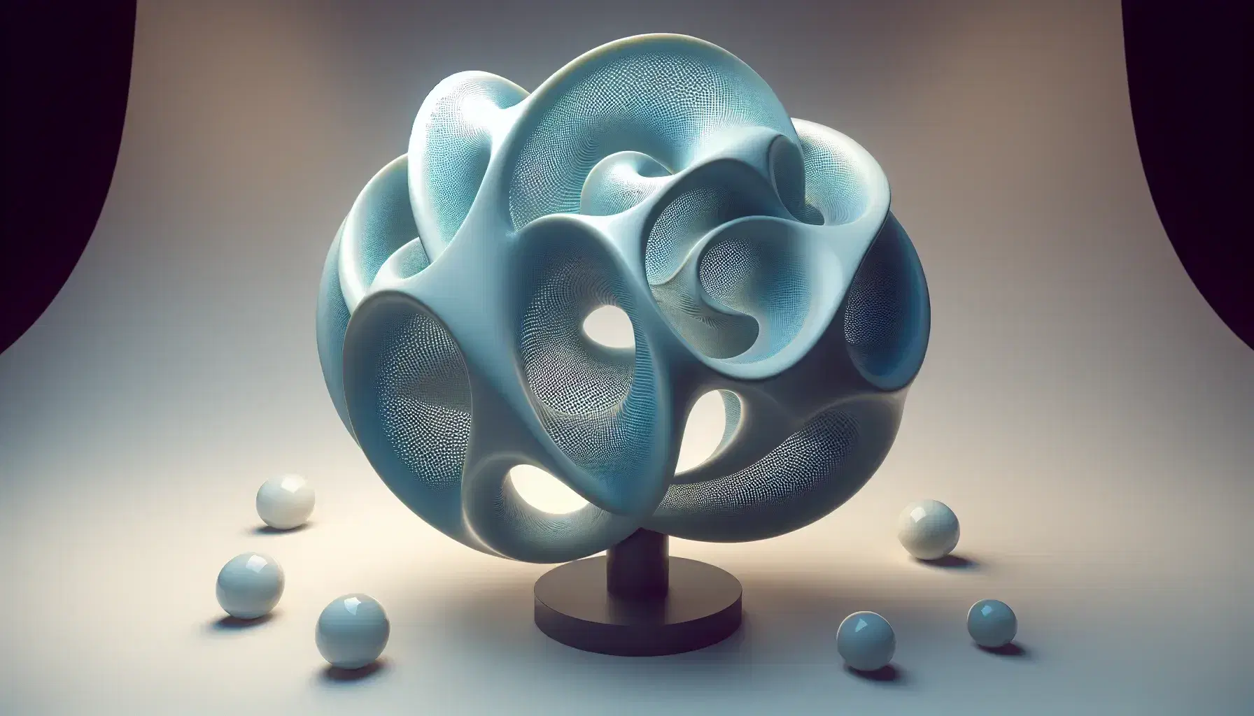 Translucent blue algebraic surface model with gradient color on black stand, surrounded by white spheres against a light gray backdrop.