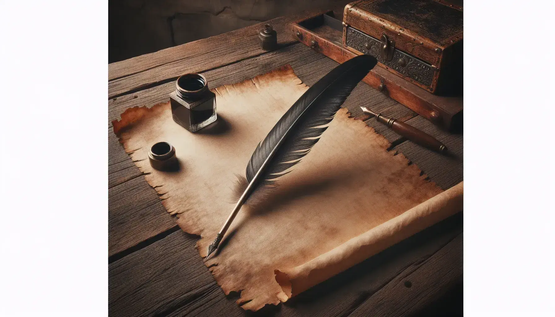 Quill pen on aged parchment with brass inkwell on a weathered wooden desk, suggesting a historical writing setting, with soft lighting and stone walls.