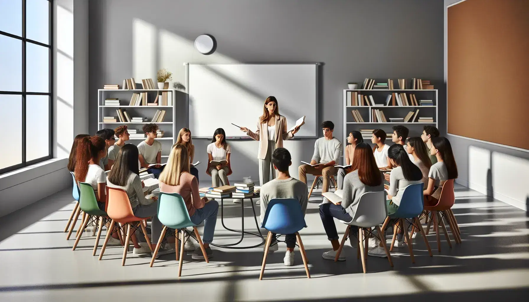 Grupo diverso de estudiantes atentos en semicírculo alrededor de una profesora explicando, en un aula iluminada con luz natural, sin escritos visibles.