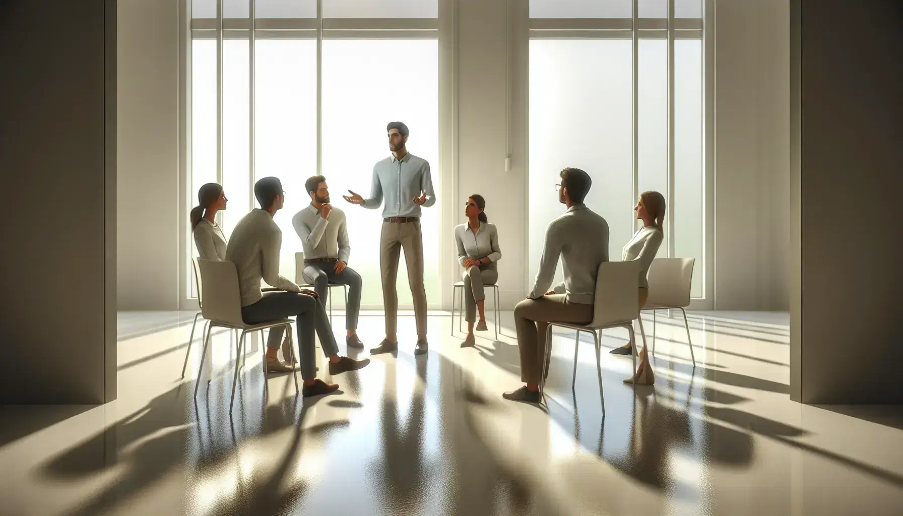 Grupo de cinco profesionales en oficina moderna con luz natural, uno explicando y gestos abiertos, otros atentos y participativos, ambiente minimalista.