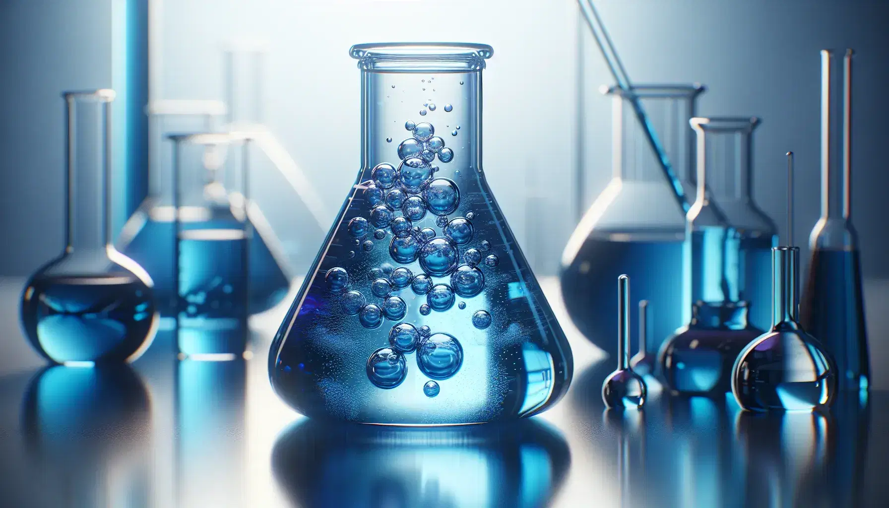 Glass flask on reflective surface with blue liquid and bubbles, immersed stirring rod, blurred background of laboratory glassware.