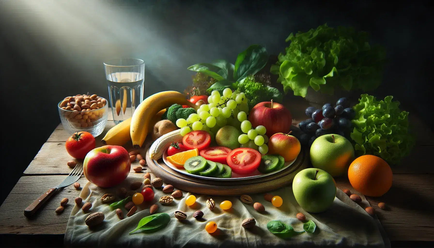 Variedad de alimentos frescos en mesa de madera con plato de frutas y verduras, uvas, manzana, banana, nueces y vaso de agua, iluminados naturalmente.