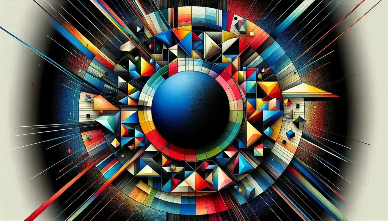 Composición abstracta con círculo azul central y triángulos multicolores sobre fondo de rejilla negra con formas geométricas adicionales.